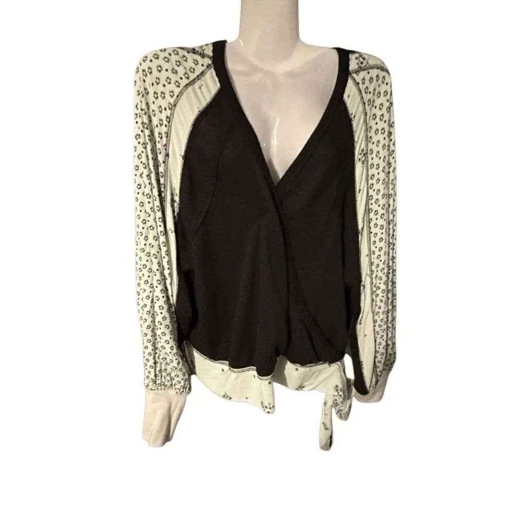 Free People Wrap Style Long Sleeve Top | Black & Ivory Floral | Size M